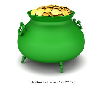 Green cauldron of golden coins on a white background. - Shutterstock ID 123721321