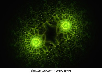 Green Cells In Structure, Fractal. Abstract Bio Mitosis Background. Rendered Close Up Illustration. Background Science, Medical Concept. Biochemistry Concept With High Tech Molecule. 3d Illustration