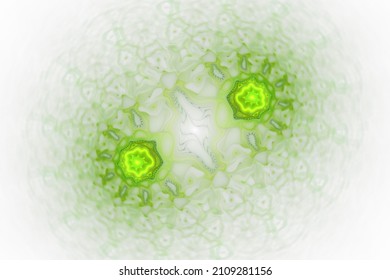 Green Cells In Structure, Fractal. Abstract Bio Mitosis Background. Rendered Close Up Illustration. Background Sciencemedical Concept. Biochemistry Concept With High Tech Molecule. 3d Artwork