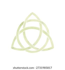Green celtic Trinity Knot within a circle,in a single watercolor tone with paper texture.Symbolic St. Patricks Day emblem for Irish heritage branding,national holiday design,cultural art projects