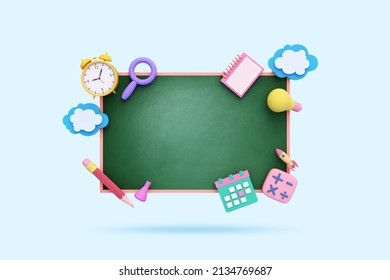 Green Chalkboard Study Learning Kids Pastel Frame Text. Creative Idea Imagination Education Of Classroom Children School With Clock Spaceship Light Bulb Pencil Object. Clipping Path. 3D Illustration.