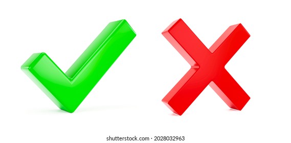 Green Check Mark And Red Cross, Isolated On White Background, 3d Rendering