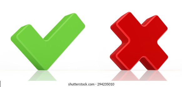 Green Check Mark And Red X Mark, Isolated White Background.