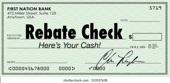 A Green Check With The Words Rebate Check To Illustrate A Special Money Or Cash Back Savings Offer Arriving For You To Deposit In The Bank