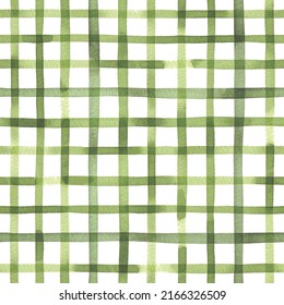 Green Checkered Watercolor Illustration Background. Seamless Pattern With Green Hand-drawn Checkered Line On A White Background. Plaid Pattern