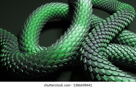 Green Chinese Dragon Tail 3D Illustration On Black Background