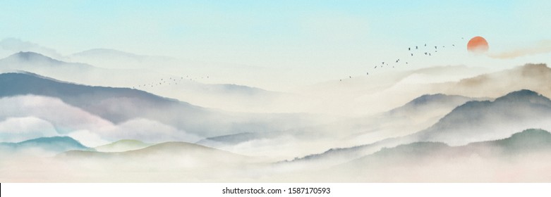 Green Chinese ink landscape painting，Traditional watercolor and ink landscape painting，Mountain and forest landscape with clouds and mist