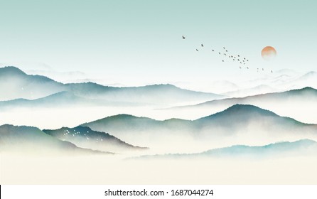 Green Chinese Ink Landscape Painting，Traditional Watercolor And Ink Landscape Painting，Mountain And Forest Landscape With Clouds And Mist