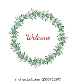 Green Christmas wreath. Welcome. On a white background - Powered by Shutterstock