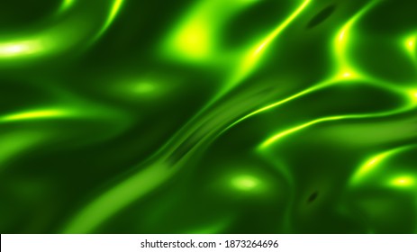 Green chrome metal texture with waves, liquid metallic silk wavy design, 3D render illustration.