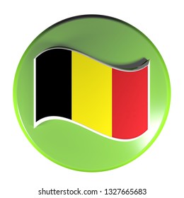 A green circle push button, isolated on white background, with a waving flag of Belgium - 3D rendering illustration
