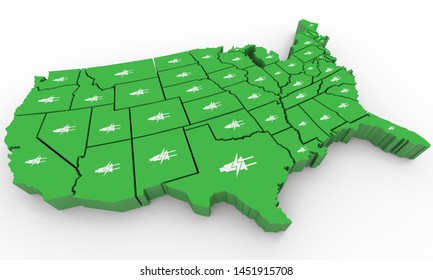 Green Clean Energy Electricity Power USA United States Map 3d Illustration