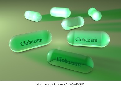Green Clobazam Capsules On Green Background. Clobazam Is A Benzodiazepine That Used To Treat A Several Form Of Childhood Epilepsy. Medical Background. Scientific Background. 3d Illustration