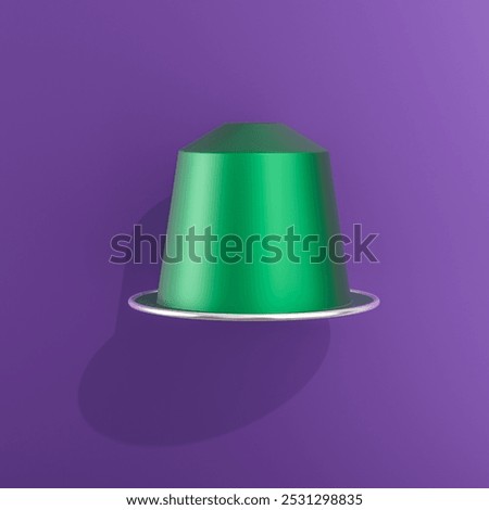 Green coffee capsule hovering over a purple background, casting a shadow