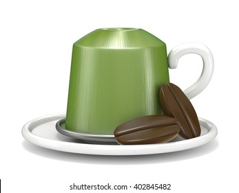 Green coffee capsule with two coffee beans. 3D render, isolated on white background