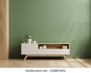 Fondo de pared de color verde, decoración moderna de la sala de estar con armario de tv.3d de renderización