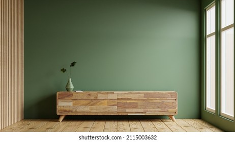 Green color wall background,Modern living room decor with a tv cabinet.3D rendering