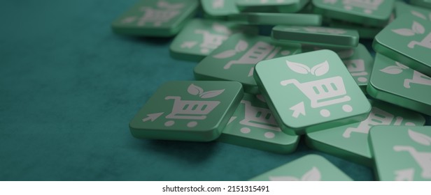 Green Concept With Shopping Leaf Icon Related To Environmentally Friendly Organic Shopping Or Ecommerce, Sustainable Procurement Or Purchasing, Zero Waste 3D Render