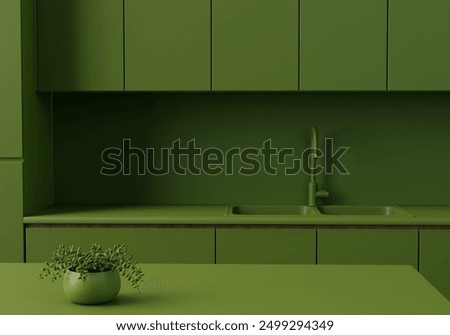 Green contemporary kitchen tabletop with empty space for your eco, bio, green product display over simple kitchen background. Minimal monochromatic kitchen. 3d rendering.