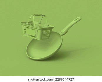 Green cooking pan and shopping basket 3D rendering illustration isolated on white background - Powered by Shutterstock