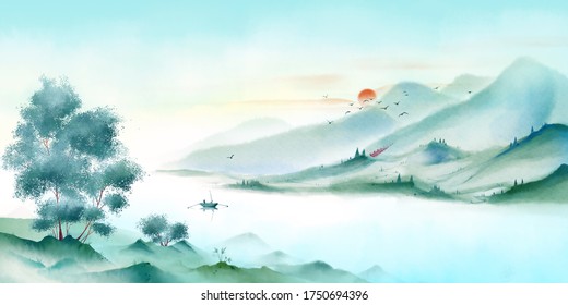 Green Countryside Forest Scenery. Oriental Ink Landscape Painting