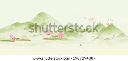 Green countryside forest scenery. Pink trees and green landscape.Oriental ink landscape painting