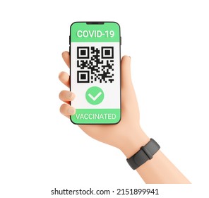 Green COVID Vaccination Certificate - Qr Code And Check Mark On Mobile Phone Screen In Human Hand 3d Render. Hand Holding Smartphone With Health Coronavirus Digital Passport And Green Pass For Travel.