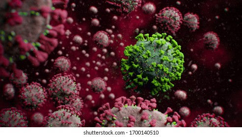 Green COVID-19 Corona Influenza Virus Molecule With Red Contrast Molecules Floating In Particles - NCOV Coronavirus Pandemic Outbreak Cover Photo 3D Illustration