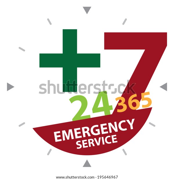 Green Cross Sign With Red 24 Hours A Day, 7 Days A Week,\
365 Days A Year Emergency Service Label, Sign or Icon Isolated on\
White Background 