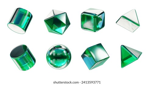 Green crystal geometry shape set isolated on white background 3d rendering without AI generated