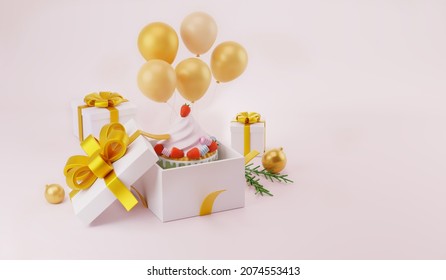 Green cupcake in white gift box with gold balloon and ball decoration 3d illustration on with background - Powered by Shutterstock