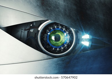 Green cyber eye. Technology and electronics concept. 3D Rendering
