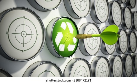 Green Dart Needle Hit At The Center Of The Target With Recycle Symbol. 3D Illustration.