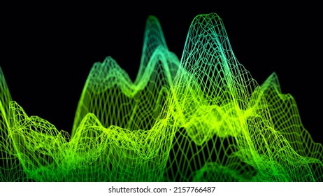 Green data analysis. Three dimensional surface of complex data subjects or models in lively green shade. On black background. Data visualization.  3D illustration, 3D rendering.