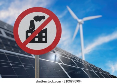 Green deal and CO2 carbon dioxide neutrality concept. Fossil power plant banned. Photovoltaic power plant in background. 3D rendered illustration.