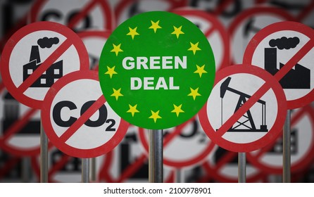 Green deal sign in front. Ecology and CO2 carbon dioxide neutrality concept. 3D rendered illustration.