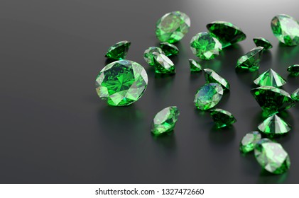 Green Diamond Group placed on Dark Background, 3d illustration.