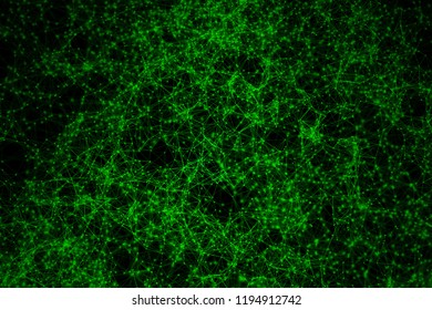 Green digital data and network connection triangle lines for technology concept on black background, 3d abstract illustration