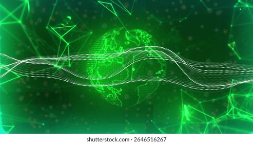 Green digital globe with flowing data lines and network connections image. Connectivity, technology, futuristic, innovation, virtual