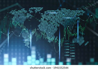 Green Digital World Map With Stock Market Changes, Candlesticks And Dynamics, Rising Numbers. Concept Of Trading Business And Growing Market. 3D Rendering