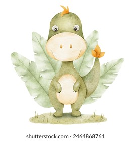 Green dinosaur, leaves in meadow. Isolated hand drawn watercolor illustration of dino. Clipart of tyrannosaurus rex for children's invitation card, baby shower, decoration of kid's rooms, clothes. - Powered by Shutterstock