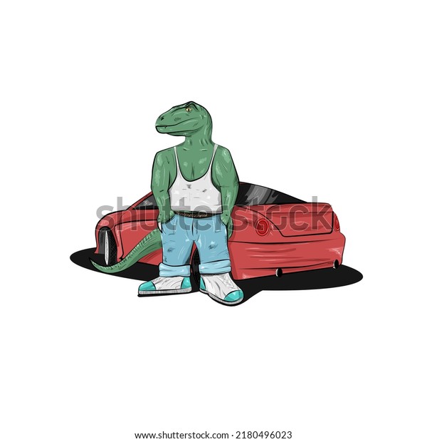 green dinosaur velociraptor\
stands at the red sport car in casual clothes isolated on white\
background