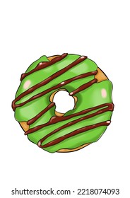 Green Doughnut With Chocolate On White Background