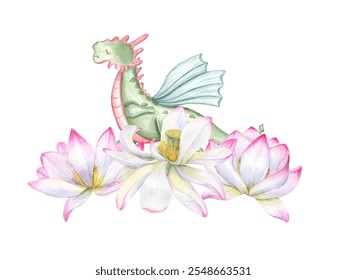 Green Dragon standing in triangle pose among blooming water lilies. Animal practicing yoga exercises. Floral composition. Delicate three lotus flowers. Watercolor illustration for design, postcards - Powered by Shutterstock