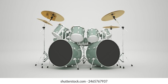 A green drum kit stands on a white background. 3D Render.