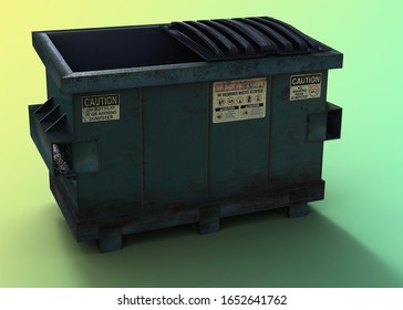 Green dumpster with only one lid, empty over light green background. 3D illustration