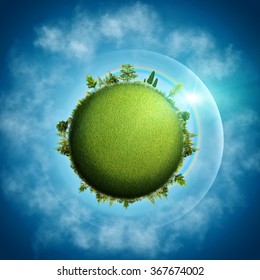 Green Earth. Abstract eco backgrounds over blue skies and clouds