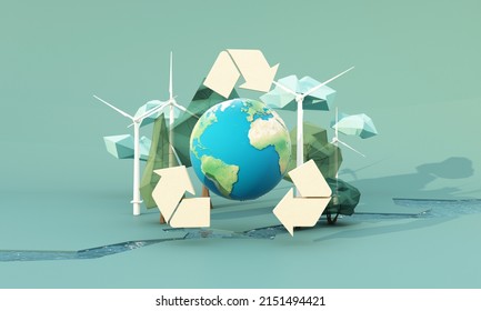 Green earth recycle concept Earth day surrounded by globes, trees, clouds, low poly and windmills on a green background with rivers. realistic cartoon 3d rendering
