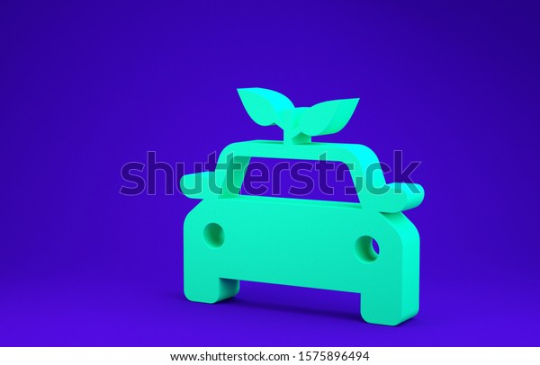 Green Eco car concept drive with leaf icon\
isolated on blue background. Green energy car symbol. Minimalism\
concept. 3d illustration 3D\
render