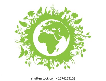 Green eco planet Earth silhouette illustration. Green planet earth isolated on a white background. Planet Earth with fauna and flora illustration. Environmental concept with eco planet earth